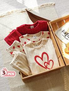 SHEIN 6pcs/Set Baby Girls Heart Print Top With Curved Hem + Printed Solid Color Pants, Cute Casual Versatile Outfit Set For Autumn - Multicolor - View 1