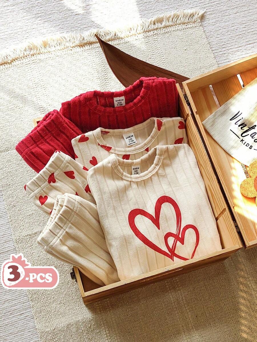 SHEIN 6pcs/Set Baby Girls Heart Print Top With Curved Hem + Printed Solid Color Pants, Cute Casual Versatile Outfit Set For Autumn - Multicolor - View 1