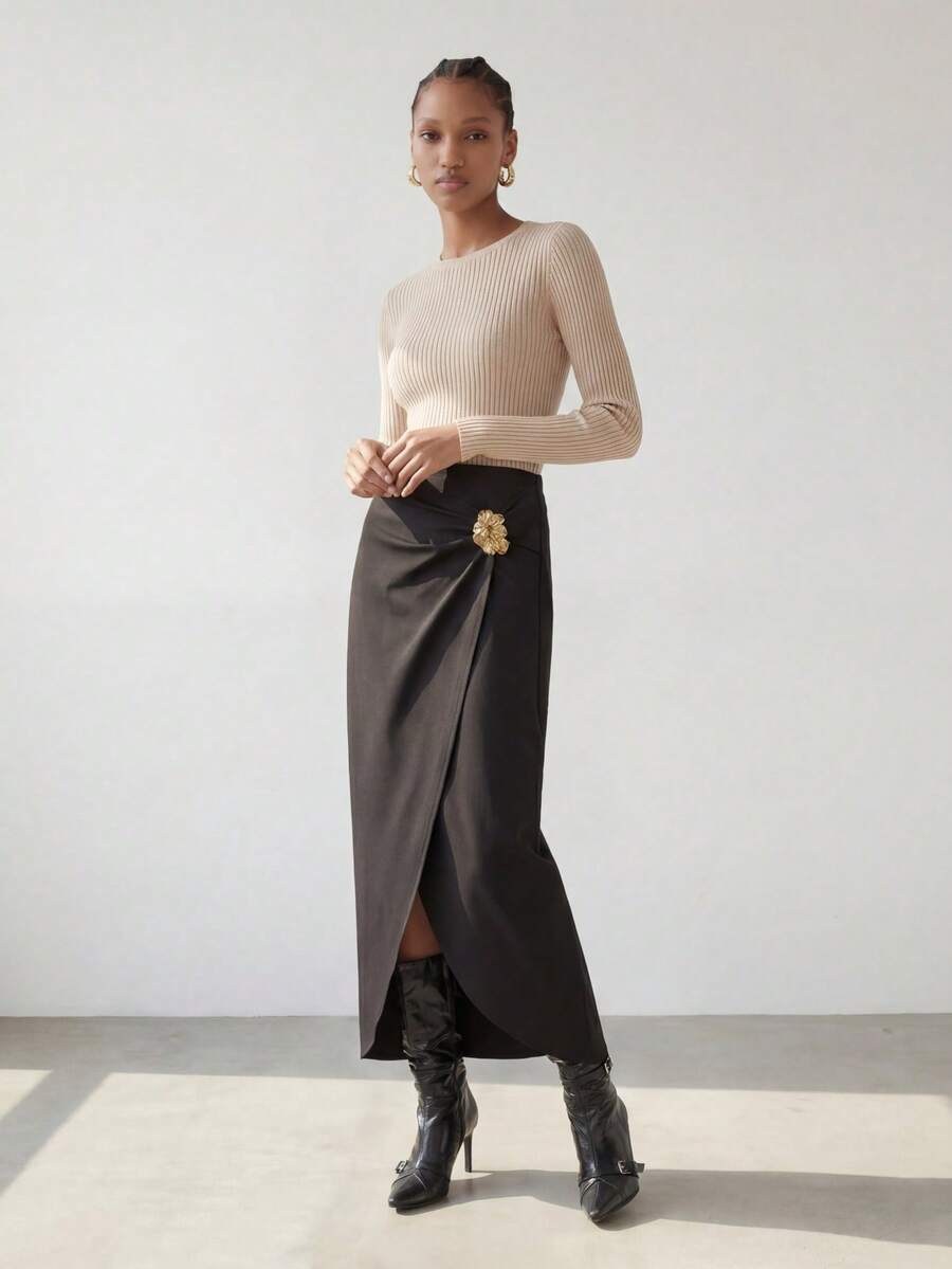 Maija Falda envolvente con decoración metálica elegante para mujer, otoño - Negro - Ver 1