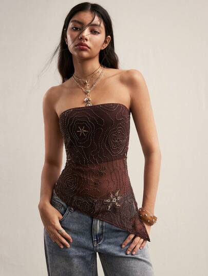 Easelle Women's Mesh Embroidered Asymmetrical Camisole Brown Top Sequin Party Summer Clothes Y2k Vintage Chest-Wrapped Slit