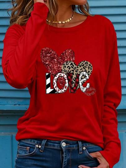 EMERY ROSE 1 pieza Camiseta de manga larga con cuello redondo y estampado de corazón y leopardo, de uso casual para mujer, de longitud regular, con estampado de letras, de uso diario de moda para primavera/otoño
