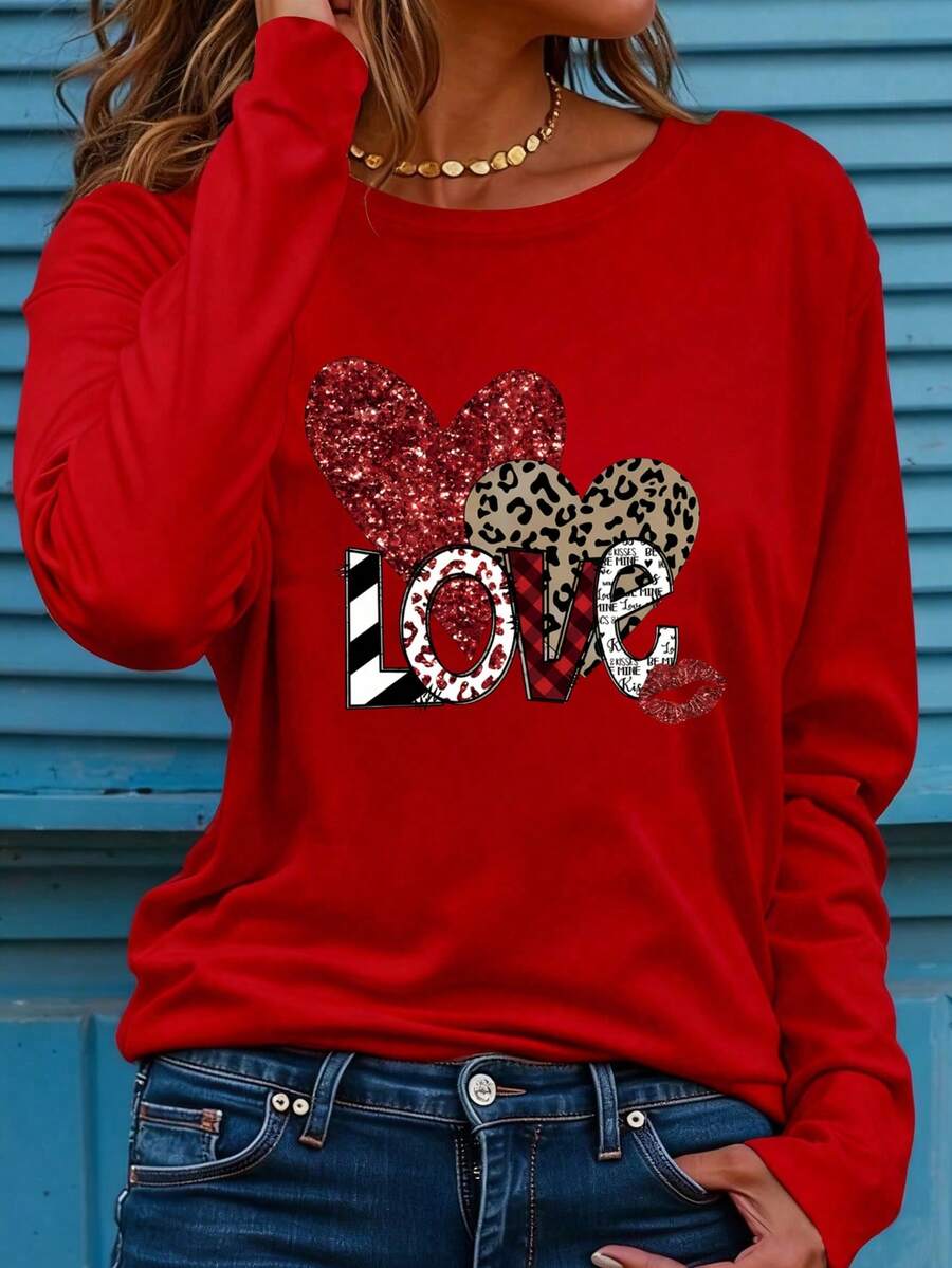 EMERY ROSE 1 قطعة تي شيرت كاجوال بياقة طاقم وأكمام طويلة للنساء مع طباعة قلب وطباعة نمر، طول عادي، بنمط حرفي، ملابس يومية عصرية للربيع/الخريف - الأحمر - مشاهدة 1