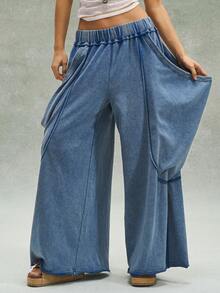 Bohemela 女士休闲纯色针织宽松水洗裤 - 藍色 - 查看 3