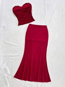 Soleia Women's Romantic Vacation Rose Textured Fabric Patchwork Mesh Bustier Top And Mesh Draped Tie Waist Maxi Skirt Set, Casual, Date Night, Nightclub, Afternoon Tea, Beach, Cruise, City Vacation, Music Festival, Party, Boho, Music Festival, Hippie, Western, Daily Commute, Red Skirt Set, Rose Set - Burgundy - View 2