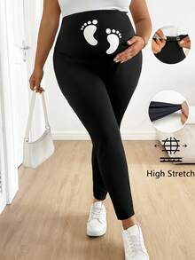 SHEIN 春季女装，加大码孕妇极简印花高腰打底裤，带脚印印花，高弹力打底裤