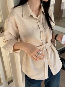 DAZY 女士纯色修身长袖翻领优雅正式衬衫，春秋季 - 杏色 - 查看 5