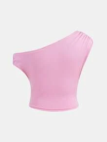 SHEIN Tween女孩 嬰兒粉色不對稱領口短版素色休閒背心上衣 可愛女童服飾 - 淺粉色 - 查看 3