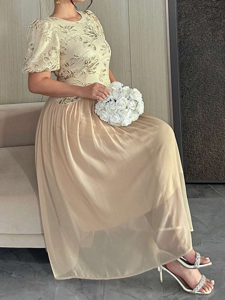 Dazy Plus Plus Size Women Elegant Lace Patchwork Chiffon Bodycon Midi Dress, Suitable For Dates Summer Sundress Floral Dresses For Women
