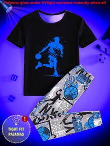 Teenage Boys' Short Sleeve & Full Print Pants Pajama Set, Glow-In-The-Dark Basketball Player Pattern Snug Fit Gamer Boys Jogger Sets - Black - View 3