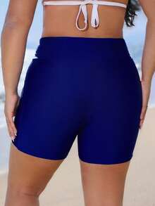 SHEIN Swim 大码女式修身纯色藏蓝色夏季沙滩度假泳装短裤 - 寶藍色 - 查看 2