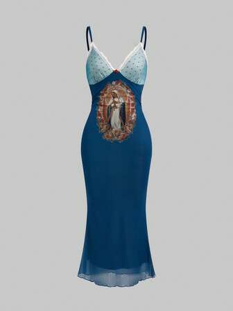Fairycore Women's Elegant Virgin Mary Print Mesh Slip Dress