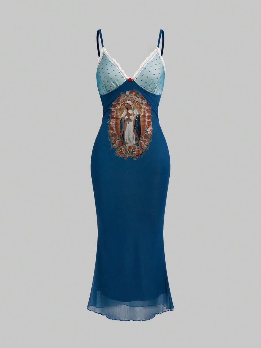 ROMWE Fairycore Spring/Summer Women's Elegant Virgin Mary Print Mesh Slip Dress - Blue - View 1