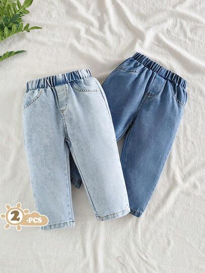 SHEIN Vintaside Kids 2 件套男婴和女婴时尚长牛仔裤，适合居家、户外、露营、秋冬