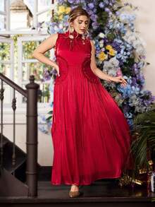 大码情人节优雅无袖立领荷叶边腰身长裙，正式派对礼服，适合各种场合：度假、约会、舞会、婚礼，百搭 - 紅色 - 查看 7