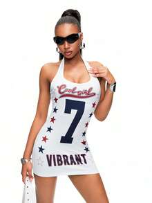 TypaGal Đầm ngắn cổ yếm in họa tiết hip-hop thời trang nữ - trắng - Xem 3