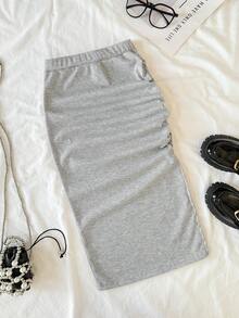 Tween Girl High Waist Pleated Slit Hem Ribbed Knit Skirt - Light Grey - View 6