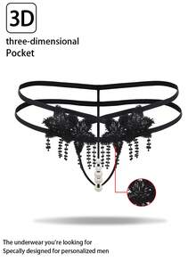 1pc Men's Sexy Sheer Pearl Decor Water-Soluble Lace Thong Underwear - Black - View 1