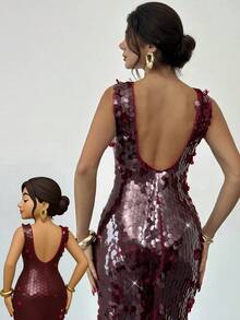 Firerie Damen Burgunderrotes Pailletten besticktes Pailletten Abschlussball rückenfrei Maxikleid, elegantes rückenloses Meerjungfrau Saum Abendkleid, extra langes formelles Kleid, Hochzeitsgast Kleid, geeignet für Frühling, Sommer, Herbst, Winter, elegant, Pendeln, Date, Party, Hochzeitssaison, Abschlussball, Aufführung, Konzert, Arbeit, Schulanfang, Jahresfeier, Geburstagskleid für Damen - Bordeaux - Übersicht 10