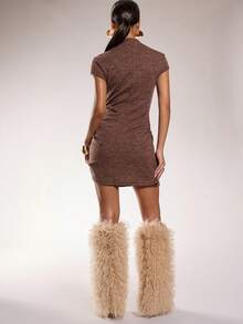 Normani Women's Solid Color Cap Sleeve Single-Breasted Ribbed Casual Mini Dress Button Dress Brown Sexy Dress - Brown - View 2