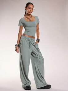 Normani Women's Solid Color Square Neck Short Sleeve T-Shirt And Drawstring Waist Wide Leg Pants Casual 2-Piece Set - Green - View 6