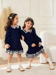 女童撞色拼接泡泡袖彼得潘领娃娃裙 - 藏蓝色 - 查看 5