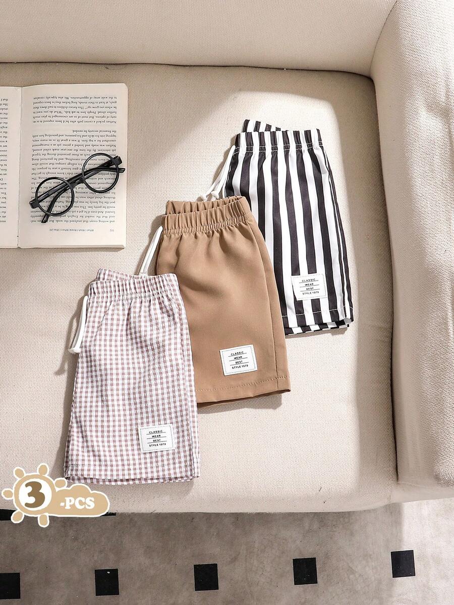 Souflis Souflis 3pcs Infant & Toddler Boys' Casual Khaki Plaid, Black & White Stripe, Solid Color Shorts, Summer Essentials For Daily Wear, Vacation & Outings