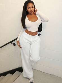 Alexandranx Comfortable And Casual Plain Knitted Low-Rise Wide-Leg Women's Sweatpants - White - View 6