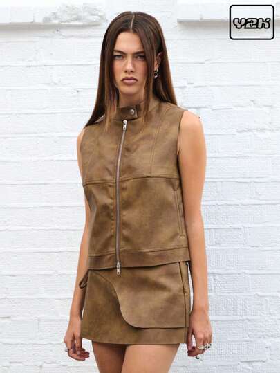 COUREZ Áo khoác gile giả da có khóa kéo / Phong cách Y2K mùa thu dành cho nữ, Áo mùa thu, Áo kiểu dễ thương, Áo đi chơi, Áo khoác mùa đông, Áo màu nâu