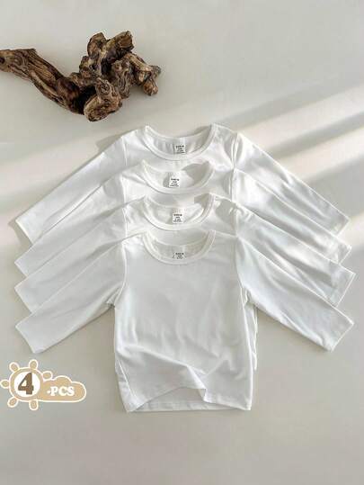 SHEIN Vintaside Kids 4pcs Baby Boy A Multi-Pieces Set Of Pure White Round-Neck Long-Sleeved T-Shirts For Spring And Autumn. The Style Is Casual, Simple, Comfortable And Versatile Fall Winter