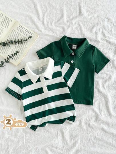 SHEIN 2pcs Baby Boys Summer POLO Shirt Top Two Sets, The Use Of Knitted Fabric, Loose Version Type, Moderate Thickness, Navy Blue Tone Calm Atmosphere, Striped Printing Fashion Bright, Showing The Style Of Leisure Vitality. POLO Collar Design Adds A Hint Of Elegance, Suitable For To Play, With Denim Shorts And Sneakers, Like A Handsome Little Gentleman, Home Leisure, Wedding, Vacation, School Study, Performance Activities, To Participate In Parties