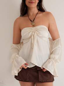 SHEIN VCAY Blus Modis Wanita Ukuran Besar Warna Polos Model Off-Shoulder Lengan Lebar dengan Tali Serut di Depan - Aprikot - View 5