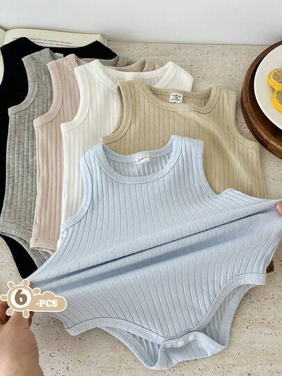 SHEIN Vintaside Kids 6pcs/Pack Baby Boy Summer Multi-Color Sleeveless Bodysuits Six Sets, Covering Black, White, Gray, Dark Apricot, Light Blue, Light Khaki And Other Classic Colors, A Variety Of Colors To Meet The Needs Of A Variety Of Matches, Style Simple Leisure Comfortable Atmosphere. The Use Of Pit Fabric, With Natural Texture
