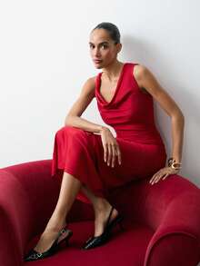 Maija 女士纯色垂褶修身优雅无袖连衣裙 - 紅色 - 查看 1