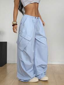 Muchica Women's New Elastic Waist Wide Pocket Loose Drawstring Ankle Length Pants - Blue - View 4