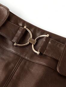 Ellevyn Solid Color Fashion Decorative Button A-Line PU Elegant Midi Skirt - Brown - View 4