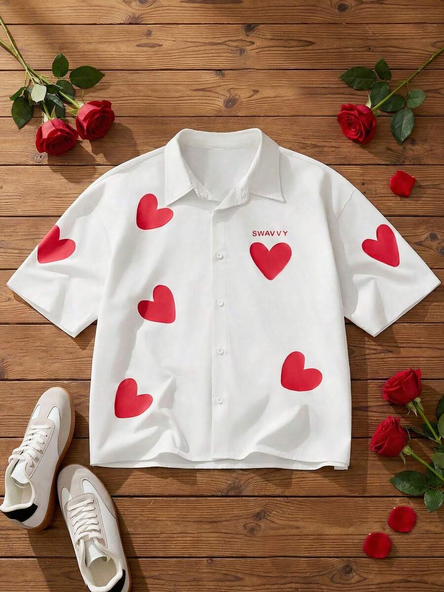 SWAVVY 男士短袖落肩休闲爱心印花纽扣衬衫 - 白色 - 查看 1