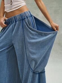 Bohemela 女士休闲纯色针织宽松水洗裤 - 藍色 - 查看 6