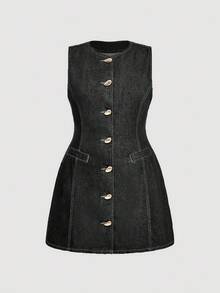 SHEIN MOD Plus Size Solid Color Casual Sleeveless Dress - Black - View 1