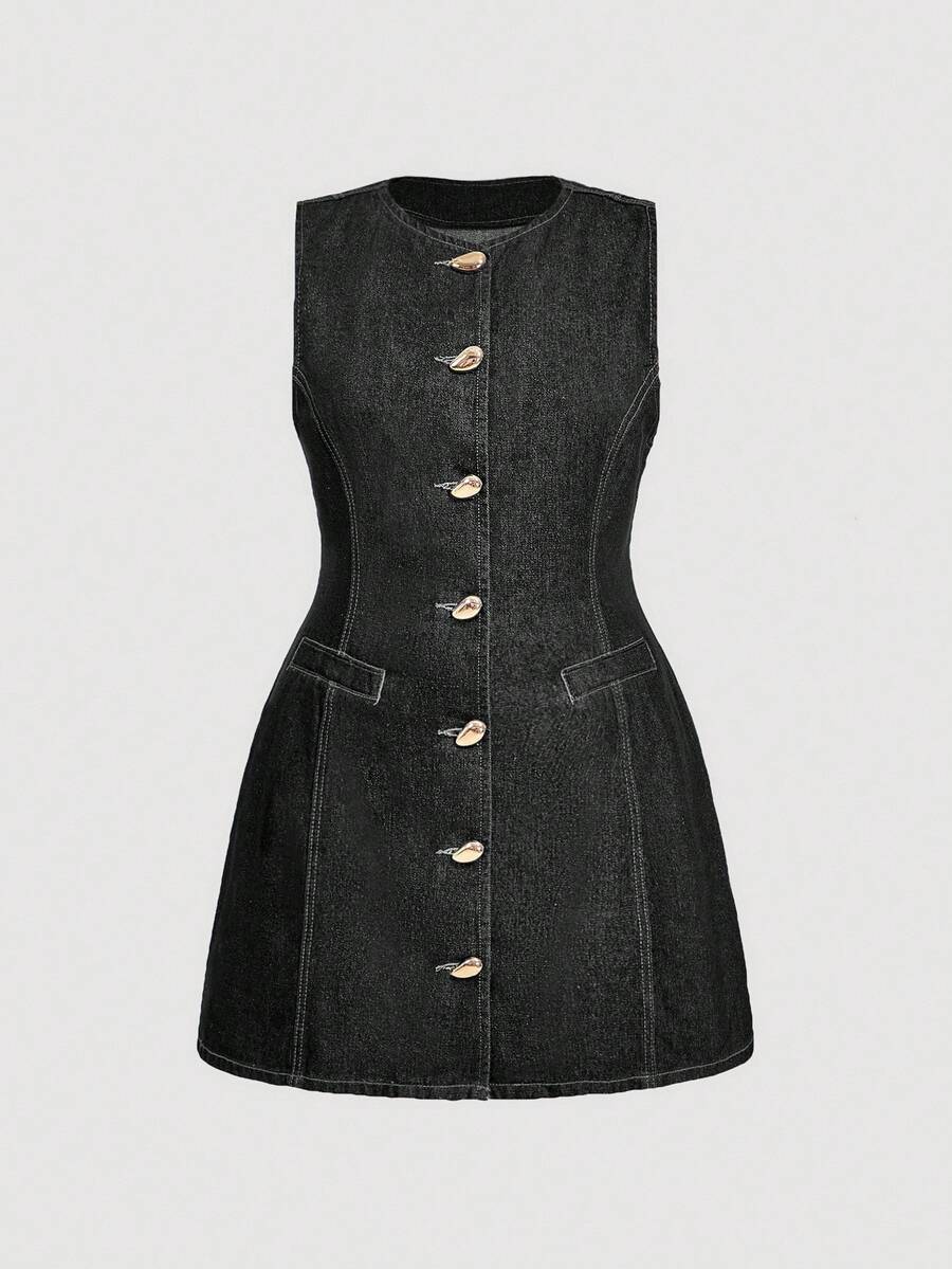 SHEIN MOD Plus Size Solid Color Casual Sleeveless Dress - Black - View 1