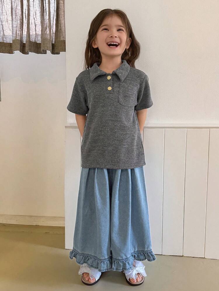 Young Girls Solid Color Casual Polo Neck T-Shirt, Spring/Summer