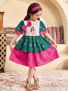 SHEIN Young Girl Star & Moon Cute Cartoon Girl Pattern Puff Sleeve Sweet Ruffle Hem Princess Dress,Pink,Summer,Fairy,Family Matching,Holiday,Spring Daily - Multicolor - View 2