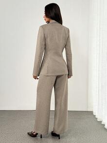 SHEIN PETITE 格子收腰女士长袖外套和裤子休闲套装，秋冬女装，女士西装裤套装，粗花呢两件套西装外套套装 - 灰色 - 查看 2