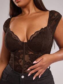 SHEIN BAE Plus Size Women's Black Short Sleeve Bodysuit, Sexy & Elegant Blouse Bodysuit, Commuter Bodysuit, Hottie Bodysuit, Young Fashionable Bodysuit, Lace Trim Bodysuit, Beach Vacation Bodysuit, Outdoor, Outings, Afternoon Tea, Everyday, Y2K/ Lace Bodysuit/ Bodysuits For Women Plus/ Plus Size Lace Bodysuit