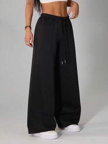 SHEIN PETITE Casual Loose Front Tie Drawstring Sweatpants, Suitable For Everyday Wear And Back To School Season, Suitable For Spring/Summer Wide Leg Pants Women's Wide Leg Pants Oversized Pants Wide Leg Summer Pants Palazzo Pants Women Loose Pants Swimsuit Cover Up Pants - Black - View 1