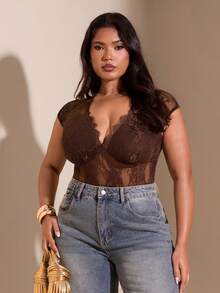 SHEIN BAE Combinaison sexy en dentelle marron col V pour femmes grandes tailles, tenue de Noël pour femmes, tenue du Nouvel An pour femmes, combinaison élégante pour soirée, combinaison de soirée, plage, combinaison élégante pour femmes, décontracté, combinaison pour femmes grandes tailles, combinaison du Nouvel An, robes de soirée élégantes pour femmes, vêtements pour femmes grandes tailles, combinaison de mariage, anniversaire, festival de musique, tenue grande taille, courbe, combinaison marron - Tabac - Voir 3