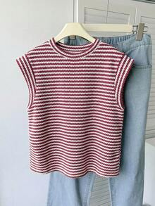 SHEIN 少女条纹圆领短袖休闲T恤，简约休闲装 - 紅白色 - 查看 4