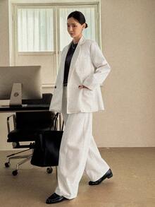 DAZY Women's Loose Denim Blazer Jacket And Straight Leg Pants Casual Denim Suit - White - View 2