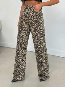SHEIN PETITE 100% Cotton MID RISE WIDEEG CUT LEOPARD PETITE JEAN - Multicolor - View 4