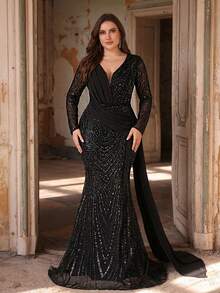 Große Größen elegantes luxuriöses schwarzes Pailletten- & Satin-Patchwork-Kleid mit tiefem V-Ausschnitt, geraffter Passform und Fischschwanzsaum, geeignet für Abendpartys, Dates, Bälle, Urlaub, Hochzeiten, formelle Anlässe (stark verziert), Valentinstag - Schwarz - Übersicht 9