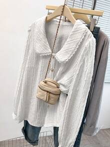 GlowEve CURVE Plus Size Women's Solid Color Puff Sleeve Round Neck Blouse, Academic Style, Teacher , Back To School - White - View 7